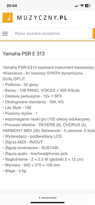 Keyboard Yamaha PSR E313 Polifonia