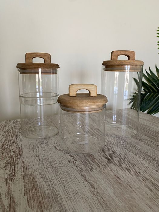 Frascos de Vidro com Tampa em Madeira Vários Taman