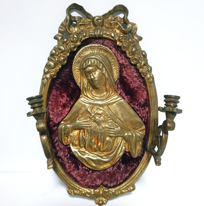 Antiga imagem religiosa N.S. do Sagrado Coração em latão e veludo