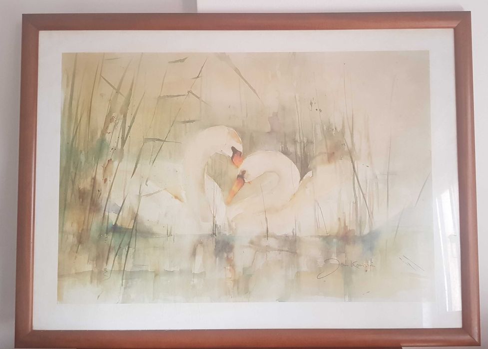 PintorJan Kooistra "Os Cisnes" moldura em cerejeira