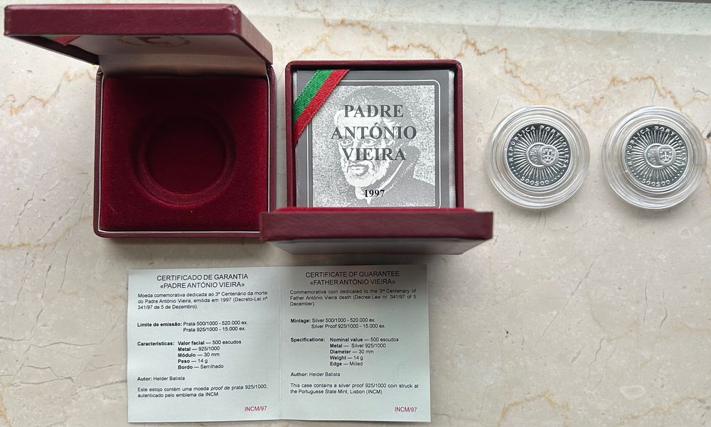 2× Portugal 500 Escudos 1997 Prata Padre António Vieira – KM#701a