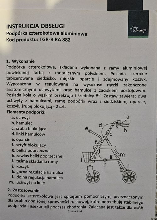 Sprzedam chodzik rehabilitacyjny Timago czterokołowy z siedziskiem