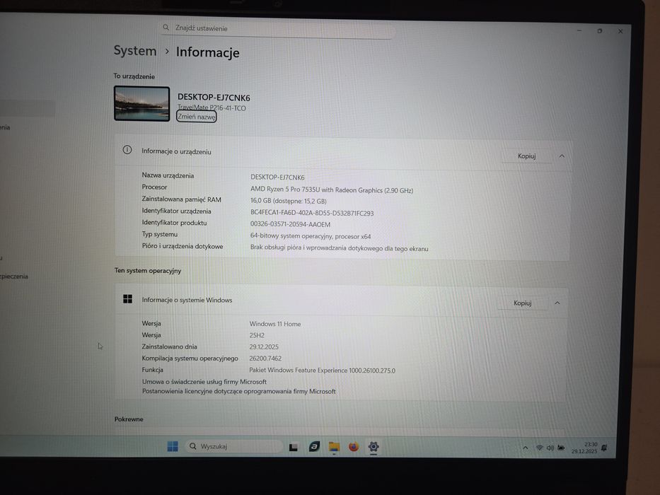 Laptop Acer TravelMate P2, R5 7535U, 16GB RAM, 512GB SSD GW