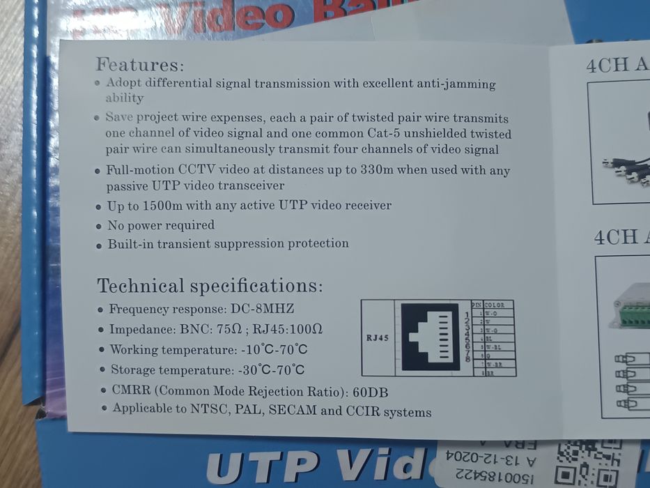 8-kanałowy pasywny transformator wideo Video Balun