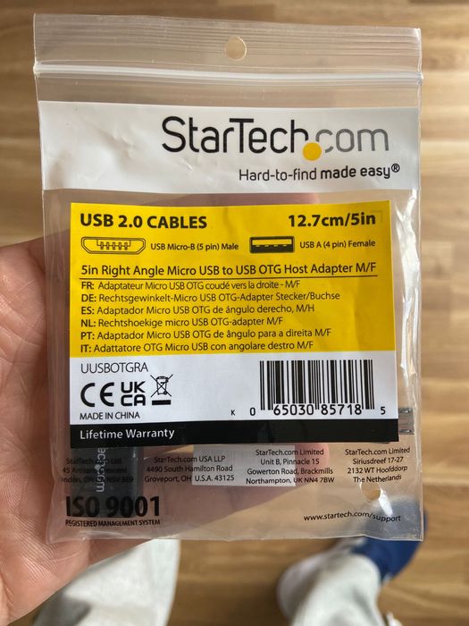 Cabo adaptador micro USB para USB OTG codado à direita de 12 cm