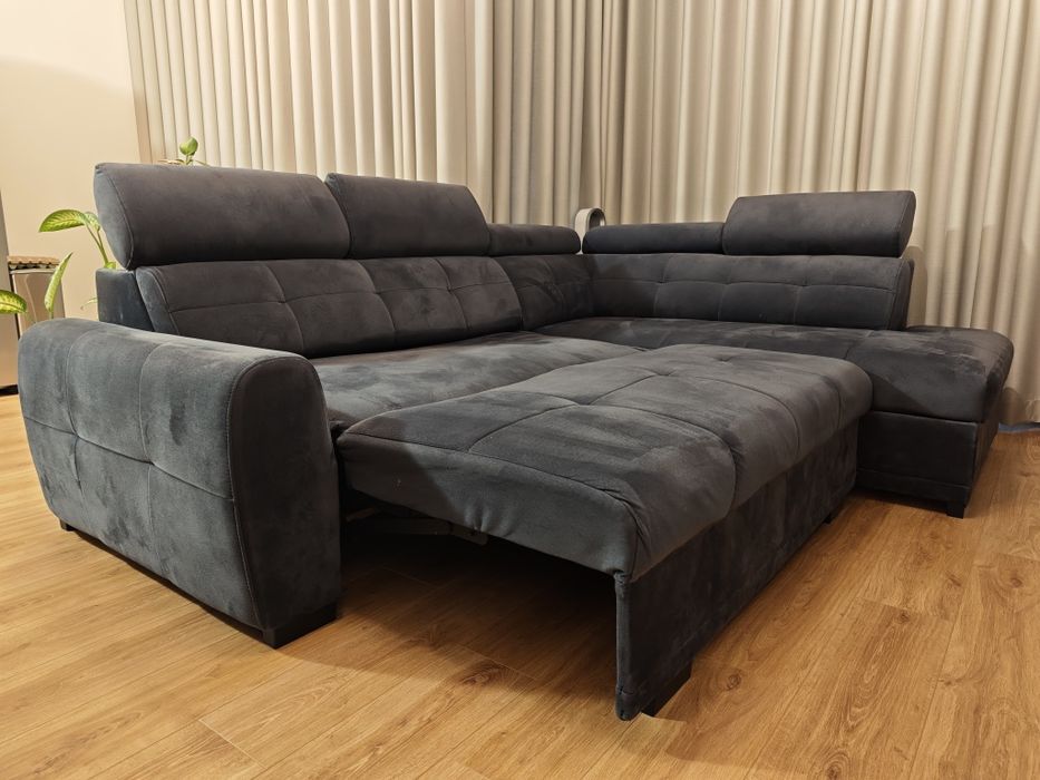 Sofá com chaise long, cama e arrumação – Cinzento Escuro