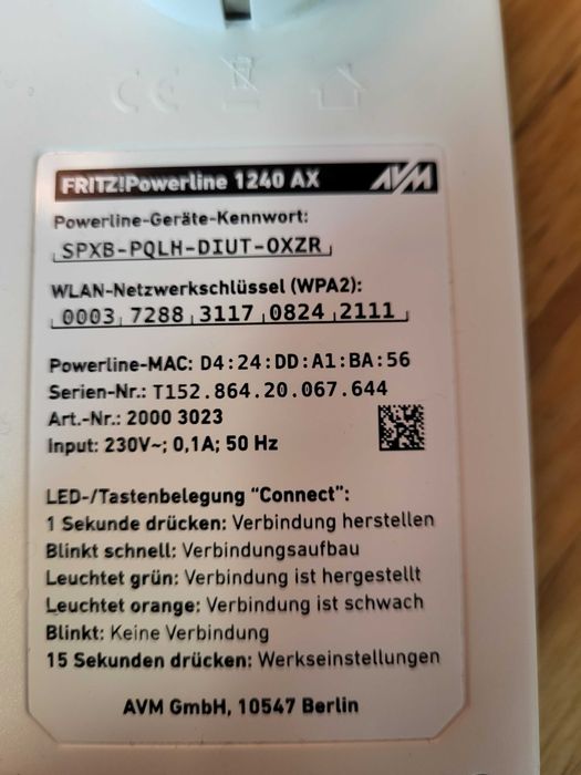 Do sieci WIFI zestaw Powerline 1240 AX 1200 Mbit/s 2x Avm Fritz Lan WIFI6