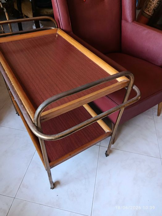 Carrinho de Chá Vintage Latão e Madeira 59 cm Anos 60