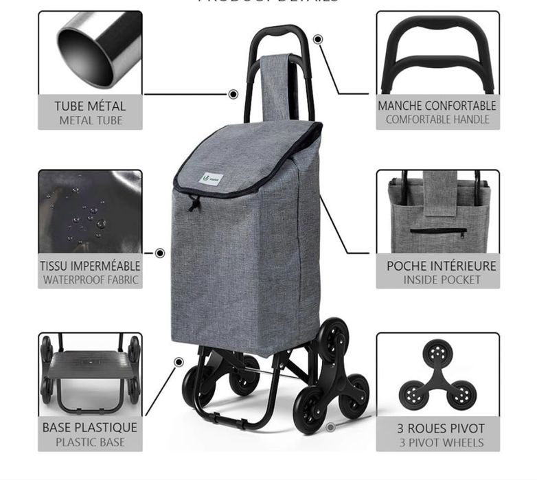 Wózek na zakupy, wózek, z 3 kółkami, wodoszczelny, 32 l, szary