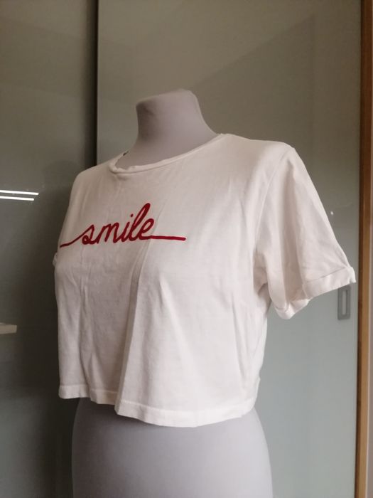 Koszulka bawełniana biała krotka Primark S/36/8 Smile