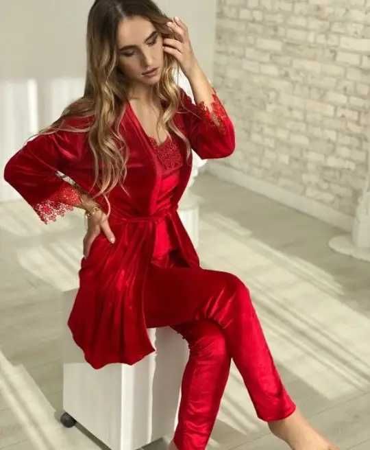 Жіноча велюрова піжама 4в1 (майка, шорти, штани та халат) - червона