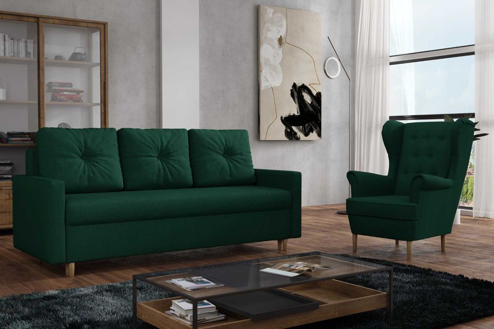 Zestaw komplet wypoczynkowy kanapa Skandynawska i fotel Uszak. Sofa
