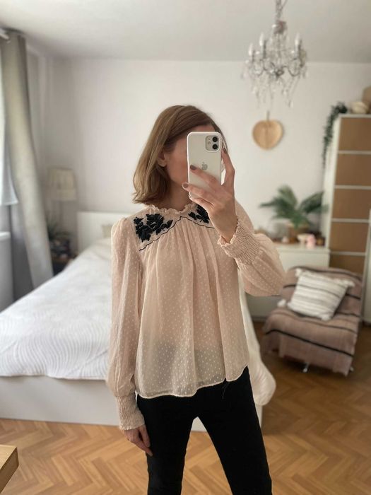 Zara bluzka pudrowy róż cekiny boho elegancka plumeti S 36