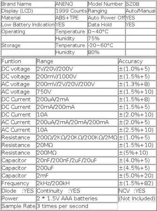 портативний високоточний цифровий мультиметр Aneng SZ08 функція hFE