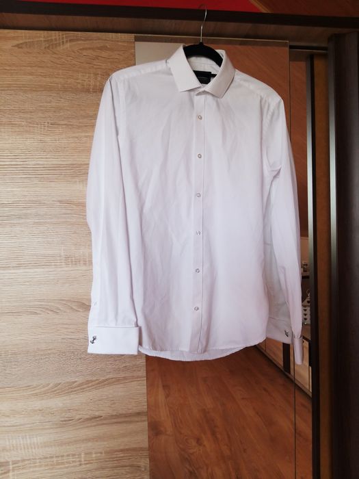 Biała męska koszula spinki elegancka S 36 Slim młodego ślub wesele