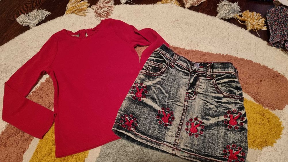 Bluzka prążki czerwona Next 110-116 spódniczka mini króliczki