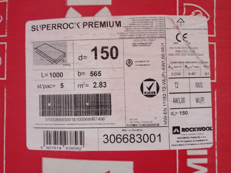 Wełna skalna Rockwool SuperRock Premium 150mm. 16 paczek - (1 paczka 2,83 m²)