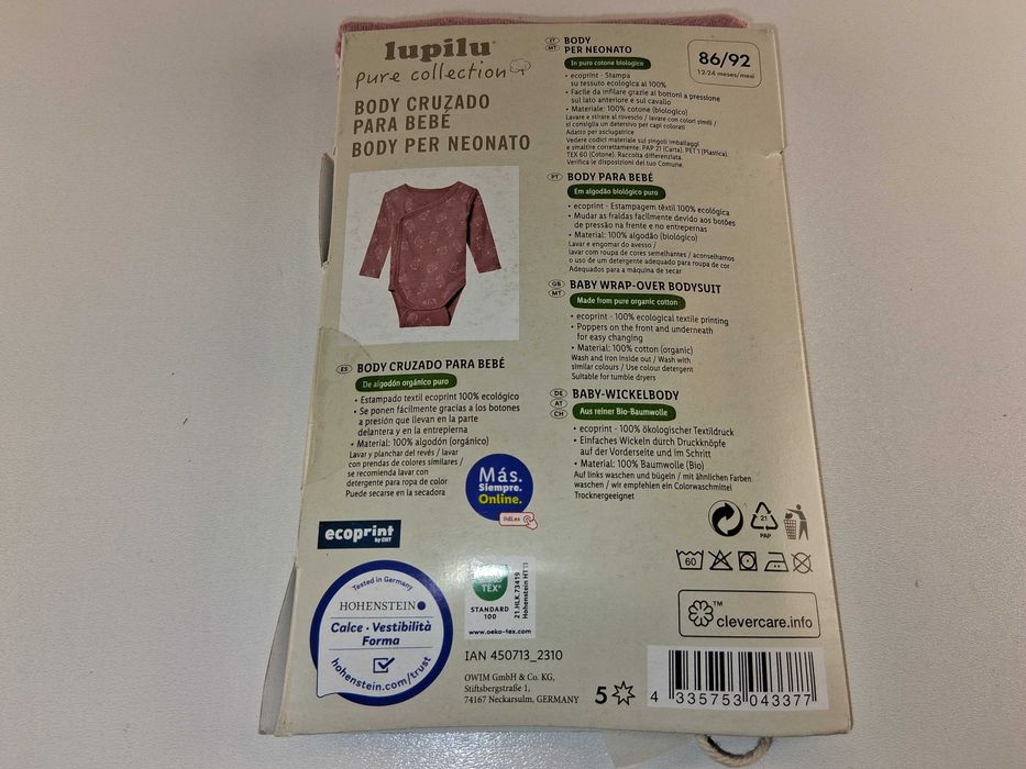 A112 Lupilu Pure Collection Body Kopertowe Niemowlęce Różowe 86/92