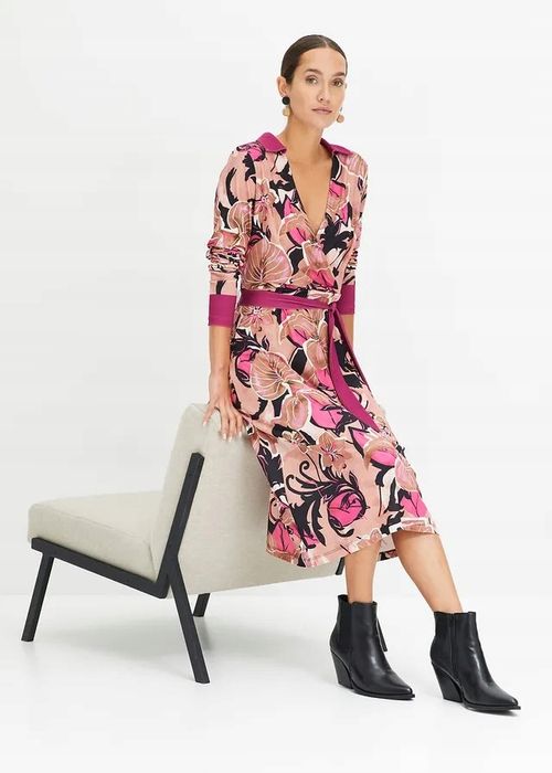 B.P.C sukienka wzorzysta midi kopertowa z kołnierzykiem r.40/42