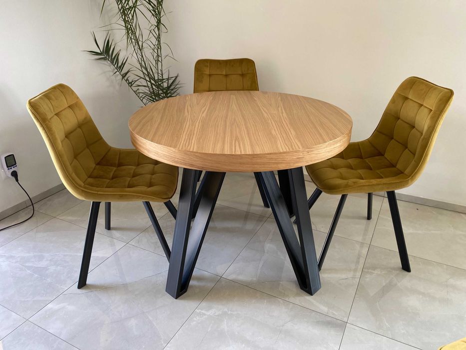 Stół Dębowy Okrągły / LOFT 10 / Rozkładany Do 4M! Krzesło Tapicerowane