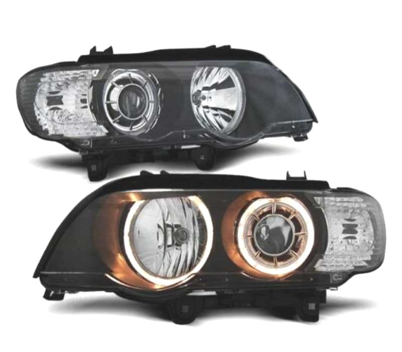 FARÓIS XENON BMW X5 E53 99-03 ANGEL EYES FUNDO PRETO