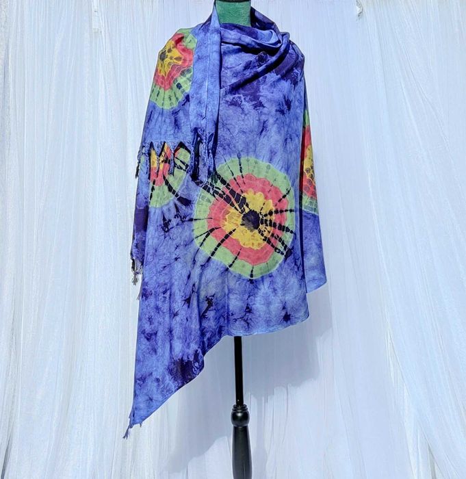 Duża chusta szal tie dye barwiona boho bohemian hippie etno niebieska