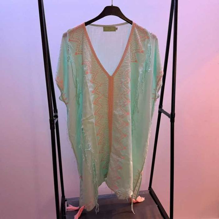 Túnica / Caftã Vintage Bazaar Verde Água com Bordados - Tam. Único – Com defeitos