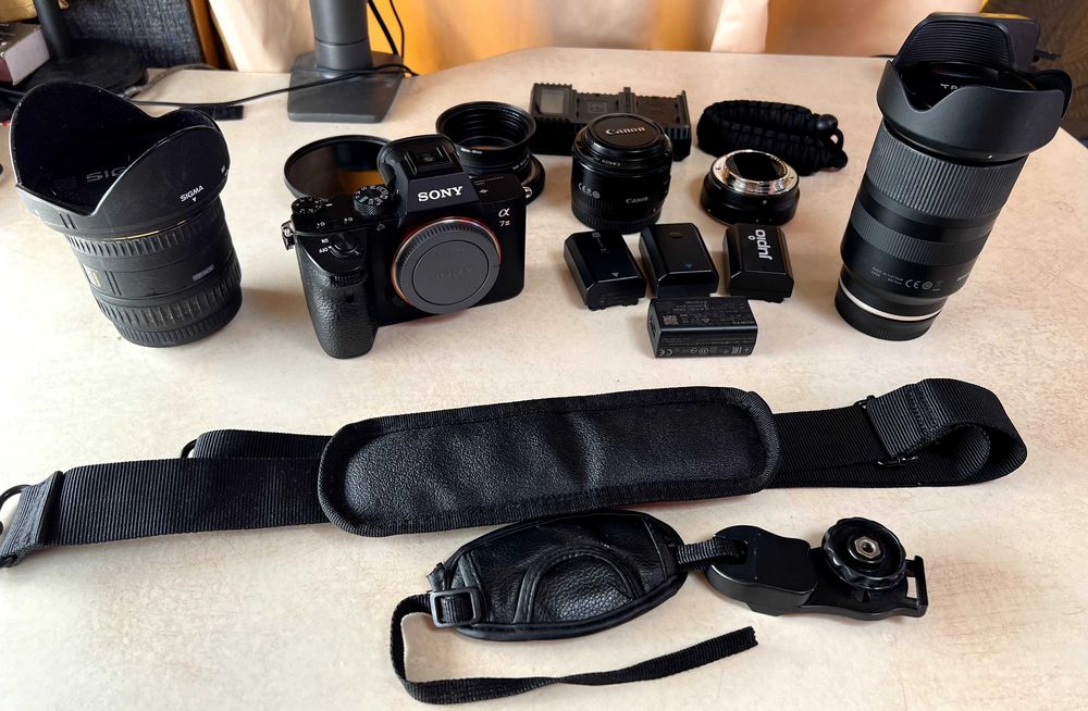 Sony a73 + Tamron 28-75 + Canon 50mm + Sigma 17-35 + Gimbal + Equipment (I Speak only English)
