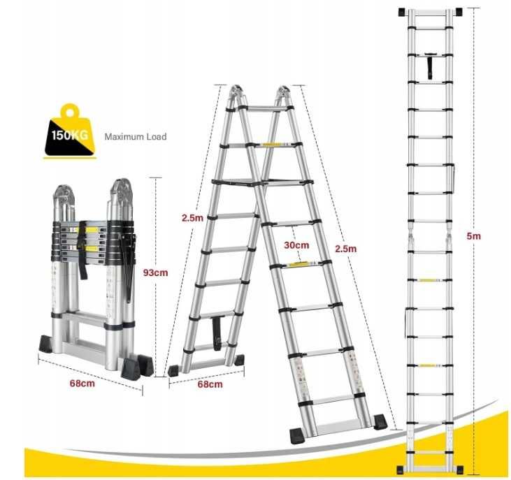 Drabina teleskopowa STANEW 5 m (2,5 + 2,5) składana 2 w 1 aluminiowa