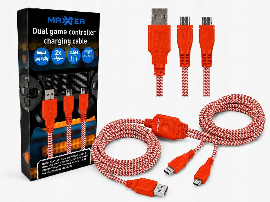 Kabel do ładowania 2 padów PS4 Xbox One 3,5 m 2x Micro USB Oplot Dual