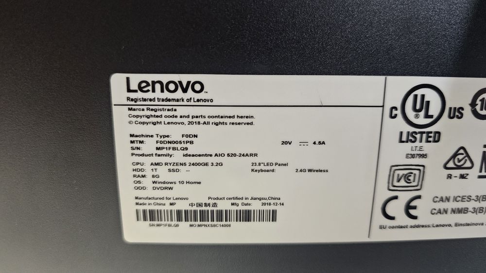Lenovo Ideacentre 520 24 całe Aio All in One 1TB Ryzen5 8GB Ram