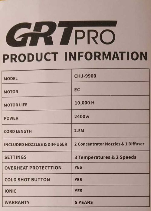 Suszarka do włosów z dyfuzorem jonowa, mocna 2400W różne tryby temp.