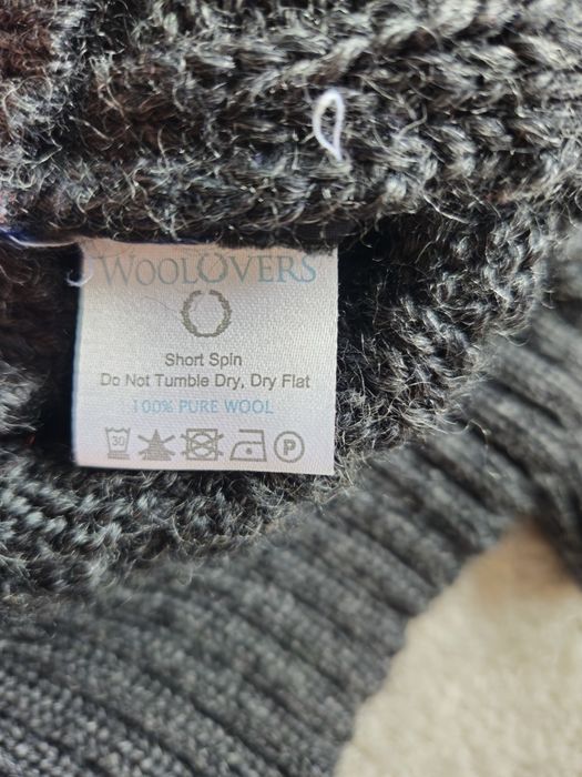 WoolOvers kardigan sweter 100% wełna pure wool warkocze guziki szary S