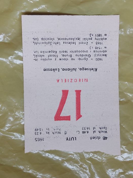 Kalędarz stara kartka z kalendarza 1985rok
