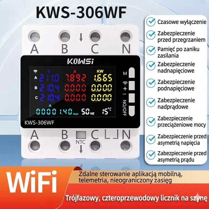 WiFi Trójfazowy Licznik Energii Prądu Watomierz TUYA przekaźnik DIN