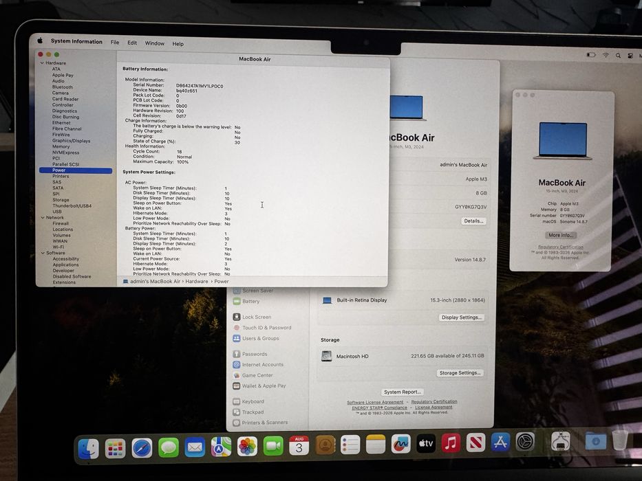 Apple MacBook Air 15” M3 8GB Ram 256GB SSD