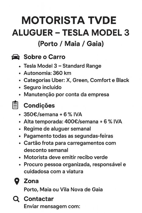 Motorista TVDE – Aluguer – Tesla Model 3 (Porto / Maia / Gaia)