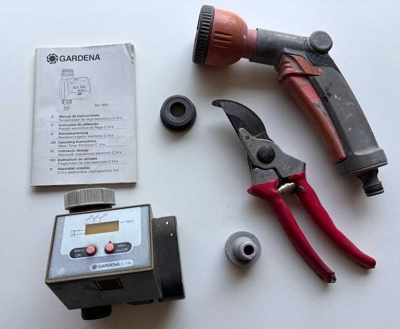Lote de Rega Gardena: Programador C 14e com Manual + Pistola + Tesoura de Poda