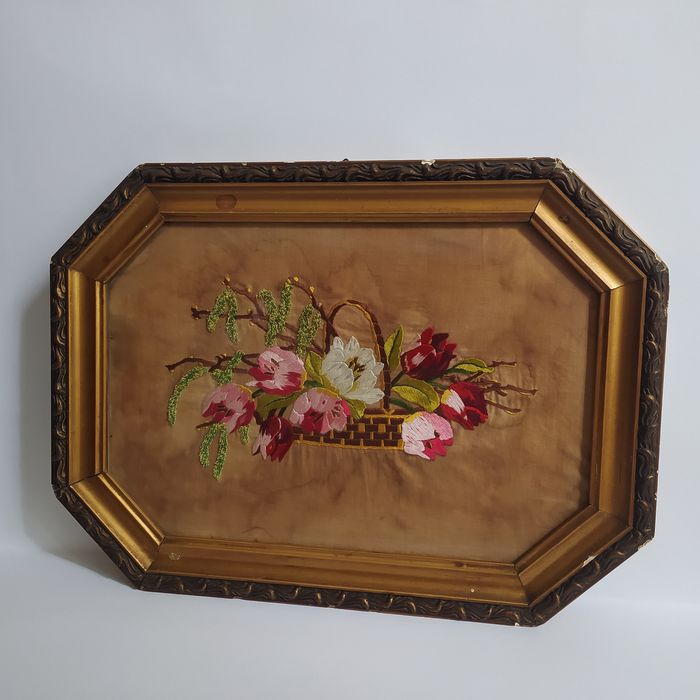 Obraz haftowany na jedwabiu XIX wiek