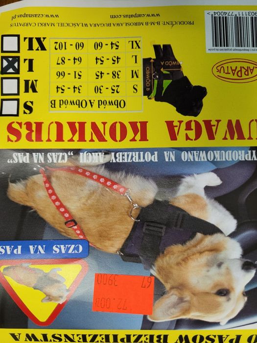 Szelki dla psa L z pasem bezpieczeństwa