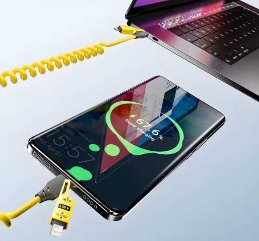 Uniwersalny kabel sprężynowy 4w1 USB-A → USB-C / Lightning / Micro-USB