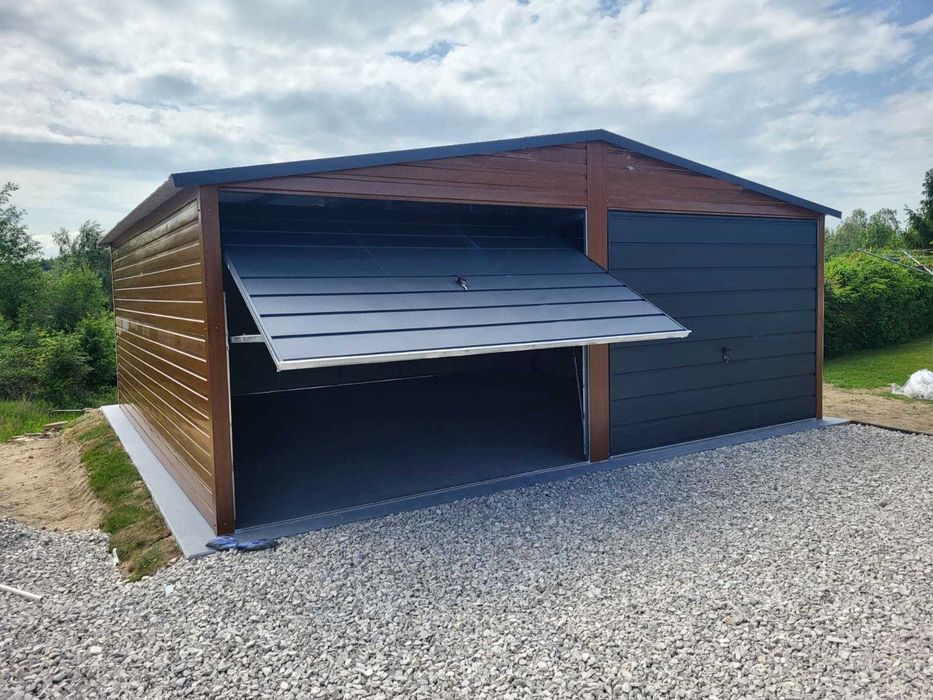 Garaż blaszany dwustanowiskowy 6x5m złoty dąb + ciemny grafit PREMIUM