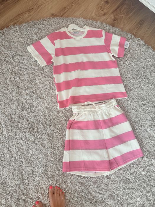 Komplet letni w paski różowo białe pudrowy róż spodenki bluzka krótki Dresowe L XL