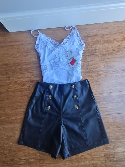 Komplet body i skórzane spodenki szorty Zara S