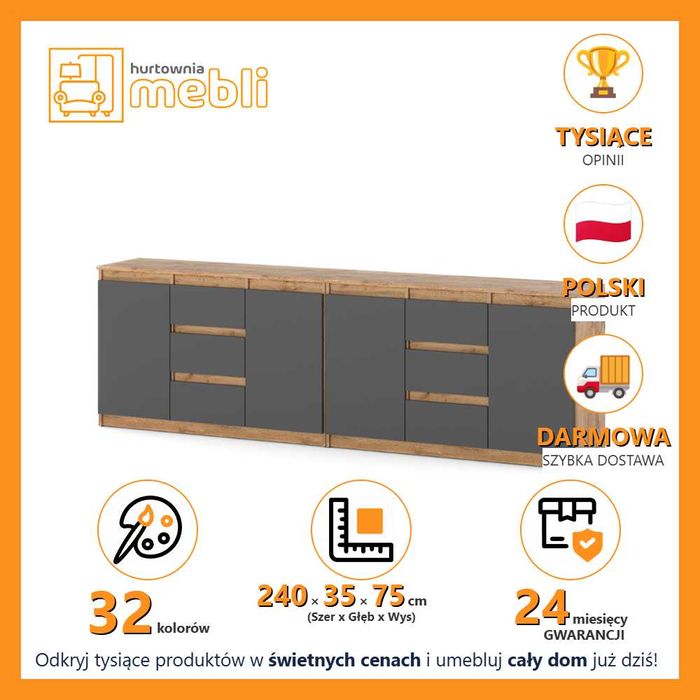 Komoda Duża Modułowa Best Agna 240cm Szafka Z 6 Szufladami Do Sypialni