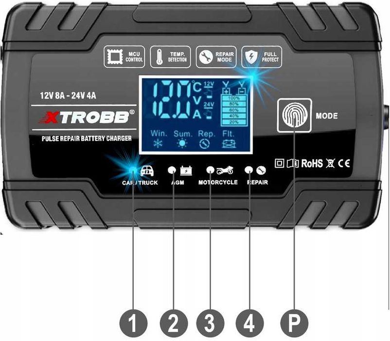 Prostownik AUTOMATYCZNY Z Funkcją NAPRAWY LCD Temperatura 12V 24V 8A