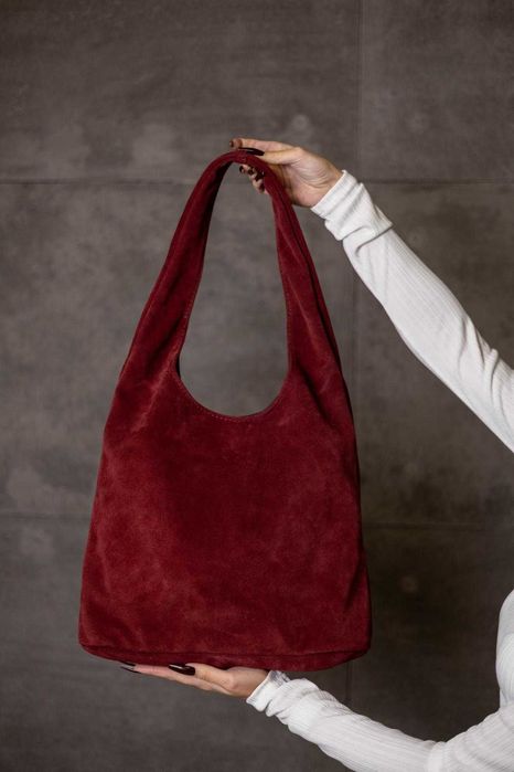 Жіноча сумка-шопер із натуральної замші (Бургунді) | Бордова сумка на плече | ФОП