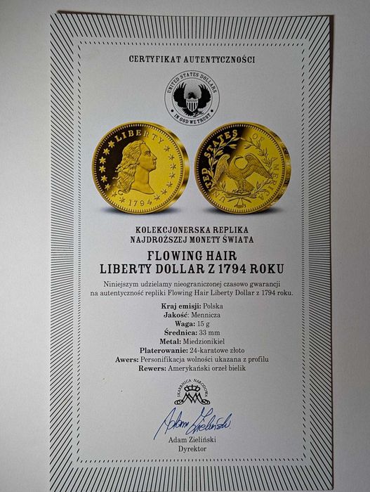 Moneta Replika Flowing Hair Liberty Dollar 1794 – Skarbnica Narodowa + Certyfikat