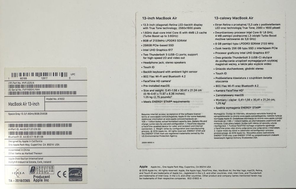 MacBook Air 13 cali 2019 r. A1932 8GB/256GB Space Gray