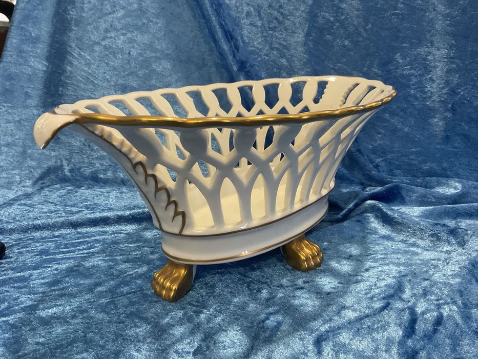 Fruteira vista alegre porcelana pintura manual a ouro 31 cm